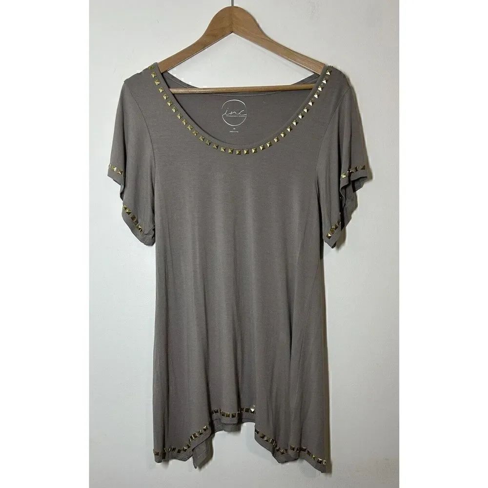 INC International Concepts Women's Medium Taupe Top Shirt Tunic With Gold Studs